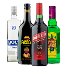 Pisang Ambon, Passoã,
Bols vodka fles à 700 ml
of Coebergh fles à 1000 ml